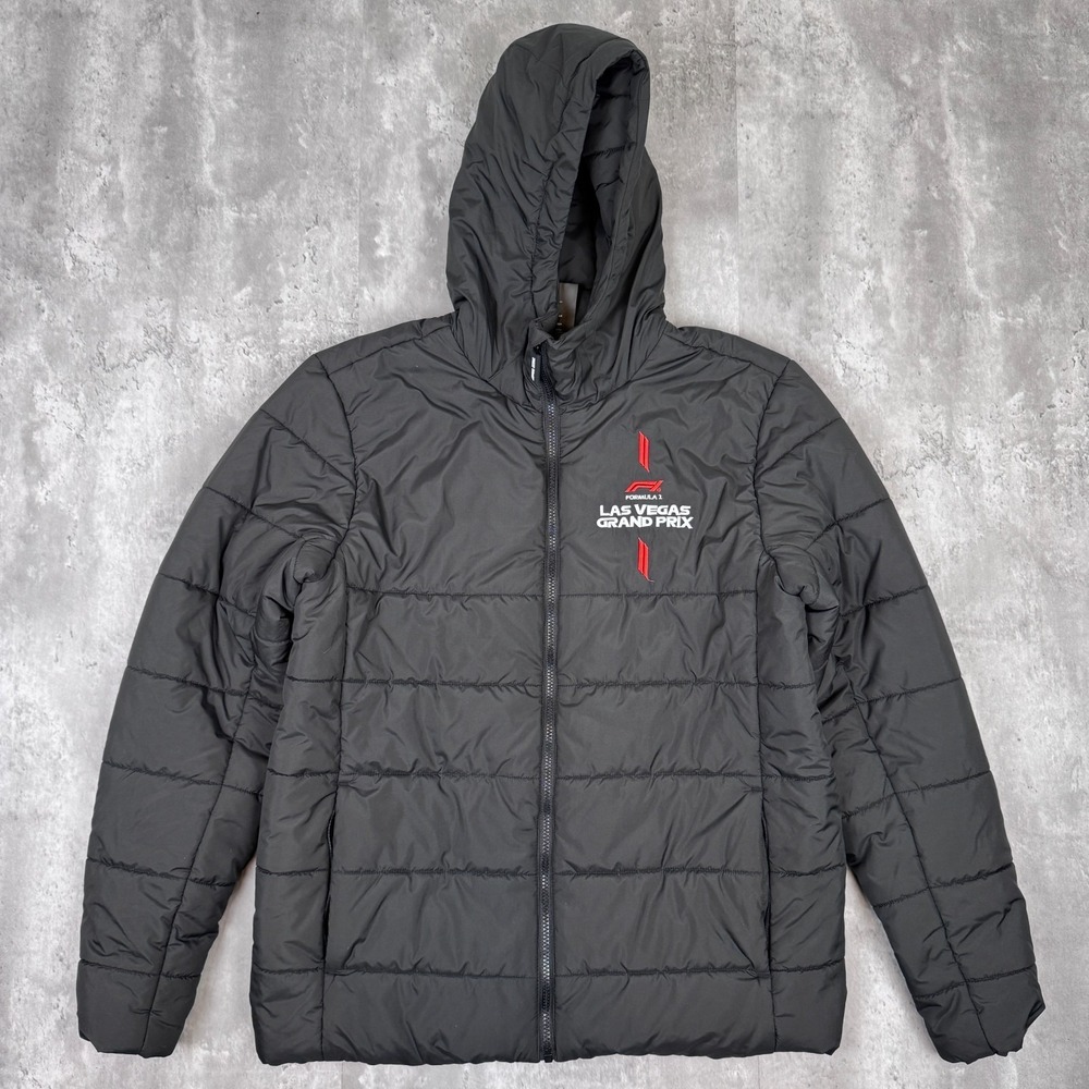 Formula 1 Las Vegas Grand Prix Hooded Puffer Jacket Mens Large Black Racing